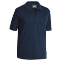 Navy blue short sleeve polo shirt with ribbed collar, three-button placket and left chest pocket