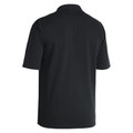 Rear view of charcoal grey stretch polo shirt with short sleeves and collared neckline