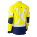 High visibility yellow and navy work shirt with silver X-back reflective tape and elbow patches