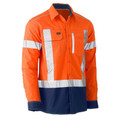 Hi-vis orange and navy work shirt with silver reflective X-pattern tape and chest pockets
