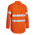 Orange flame-resistant hi vis work shirt rear view with twin silver reflective tape and vented back yoke