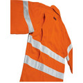 Orange hi-vis FR shirt with silver reflective tape bands across chest and sleeve, close-up packshot showing woven fabric texture