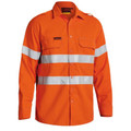 Orange hi-vis FR long sleeve work shirt with dual reflective tape, chest pockets, epaulettes, and button front