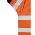 Hi vis work shirt with orange body, silver reflective tape stripes, mesh underarm vents and navy shoulder panel