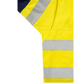 Hi-vis yellow work shirt with silver reflective tape on shoulders and arms, navy contrast panel at shoulder
