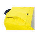 Bright yellow hi-vis work shirt with navy contrast shoulder panel and ventilated back mesh panel