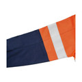 Close-up of orange and navy hi vis shirt sleeve with silver reflective tape panel detail