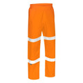 Orange hi-vis rain pants with white reflective tape stripes across legs and elasticated waist