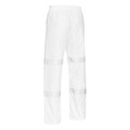 White waterproof shell rain pants rear view with elastic waist and twin reflective tape bands on each leg