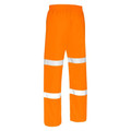 High-visibility orange waterproof work pants with silver reflective tape bands at knees and calves