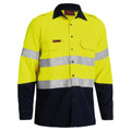 Hi-vis yellow and navy two-tone FR long sleeve shirt with silver reflective tape, chest pockets, and button placket