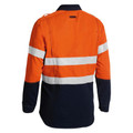 Orange and navy hi-vis long sleeve work shirt rear view with two horizontal reflective tape bands and two-tone panelling