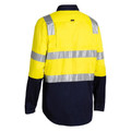 Hi vis work shirt with yellow and navy panels, silver reflective tape on shoulders and torso, black collar