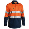 Hi vis work shirt in orange and navy with silver reflective tape stripes and chest pockets