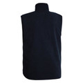 Navy fleece vest inner layer rear view, high collar, sleeveless zip-front design with smooth back panel