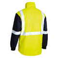 Rear view of fluoro yellow and navy hi-vis rain jacket with reflective tape across back and shoulders
