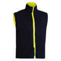 Navy fleece vest with lime yellow contrast zip and collar lining, sleeveless packshot