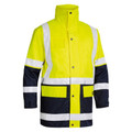 Hi-vis yellow and navy rain jacket with reflective silver tape and chest pockets