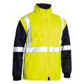 Yellow and navy hi-vis rain jacket with silver reflective tape, zip front, chest pocket and ribbed cuffs