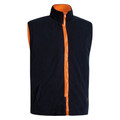 Navy fleece vest with orange contrast zip, collar lining, and side pockets — packshot flat view
