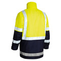 Hi-vis yellow and navy two-tone rain jacket rear view with silver reflective tape across shoulders, chest, and hem