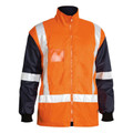Orange and navy hi-vis rain jacket with reflective tape bands, zip front, chest pocket, and ribbed cuffs