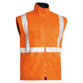 Hi-vis orange sleeveless vest with white reflective tape cross and waist band, zip front and chest pocket