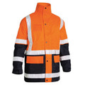 Orange and navy hi-vis rain jacket with white reflective tape bands, snap-front closure, stand collar, and chest pockets