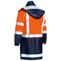 Hi-vis rain coat in orange and navy with reflective tape, hood, and rear view showing colour-blocked design