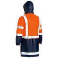 High visibility rain coat in fluorescent orange and navy with reflective silver tape across shoulders, arms and hem, back view