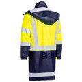 Hi-vis yellow and navy waterproof rain coat with silver reflective tape and attached hood, rear view