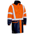 Orange and navy hi-vis rain coat with reflective tape across chest, arms and back, black snap buttons