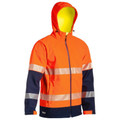 Hi-vis orange and navy bonded fleece jacket with hood, full zip, and segmented reflective tape detail