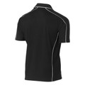Black polo shirt with reflective white piping detail along seams and collar, shown from rear angle