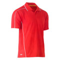 Red short sleeve polo shirt with white reflective piping along shoulders and side seams, three-button placket, flat front panel
