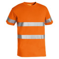 Hi vis orange cotton t-shirt with two horizontal silver reflective tape bands on body and sleeve