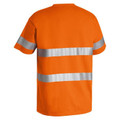 Back view of hi-vis orange cotton T-shirt with two horizontal silver reflective tape bands across body and sleeve