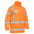 Hi vis orange rain jacket with silver reflective X and horizontal tape, high collar, chest pocket, zip front