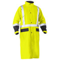 Yellow Bisley Waterproof Hi Vis Taped Long Rain Coat, a high-visibility, full-length coat with reflective safety tape, ideal for night and bad weather outdoor work.