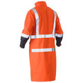 Back view of orange hi vis long rain coat with navy lower panels and silver reflective tape bands on body and sleeves
