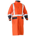 Fluorescent orange long waterproof coat with silver reflective tape and navy contrast collar and cuffs