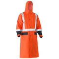 Hi-visibility orange long rain coat with reflective tape and contrasting navy cuffs and waist panel