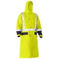 Fluoro yellow long rain coat with hood, silver reflective tape, navy lower panels and snap front