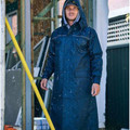 Navy blue waterproof hooded rain jacket with reflective piping and zip front closure