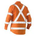 Orange hi-vis drill shirt rear view showing X-pattern and horizontal white reflective tape on sleeves