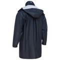 Navy blue hooded rain coat with white contrast lining shown from back, knee-length design