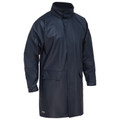Navy stretch PU rain coat with snap-front placket, high collar, and hip pockets — packshot view