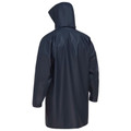 Navy stretch PU rain coat rear view with attached hood and mid-length silhouette