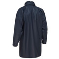 Navy stretch PU rain coat rear view showing long length, smooth waterproof finish and raglan sleeves