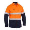 High visibility work shirt with orange upper body, navy lower section, and silver reflective tape across chest and arms